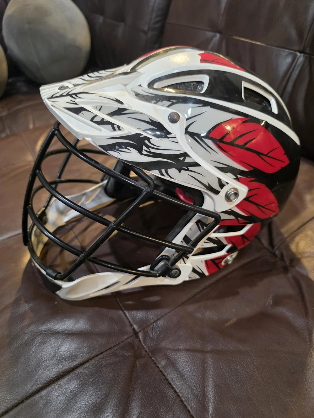 White Red Graphic Lacrosse Helmet with Black Cage